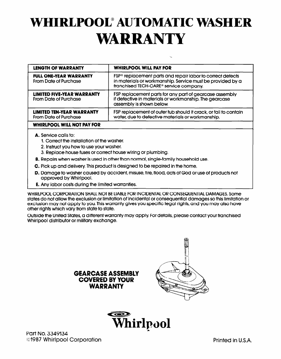 Gearcase assembly covered by your warranty, Warranty, Whirlpool® automatic washer | Whirlpool | Whirlpool LA6150XS User Manual | Page 12 / 12