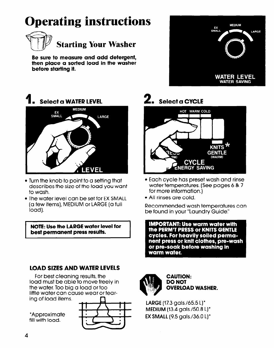 Select a water level, Load sizes and water levels, Operating instructions | Starting your washer, Level, R cycle | Whirlpool LA6150XS User Manual | Page 4 / 12