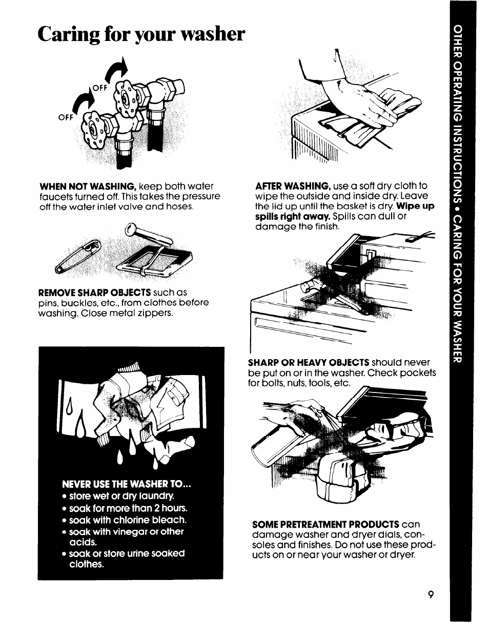 Fi hi, Caring for your washer | Whirlpool LA6150XS User Manual | Page 9 / 12