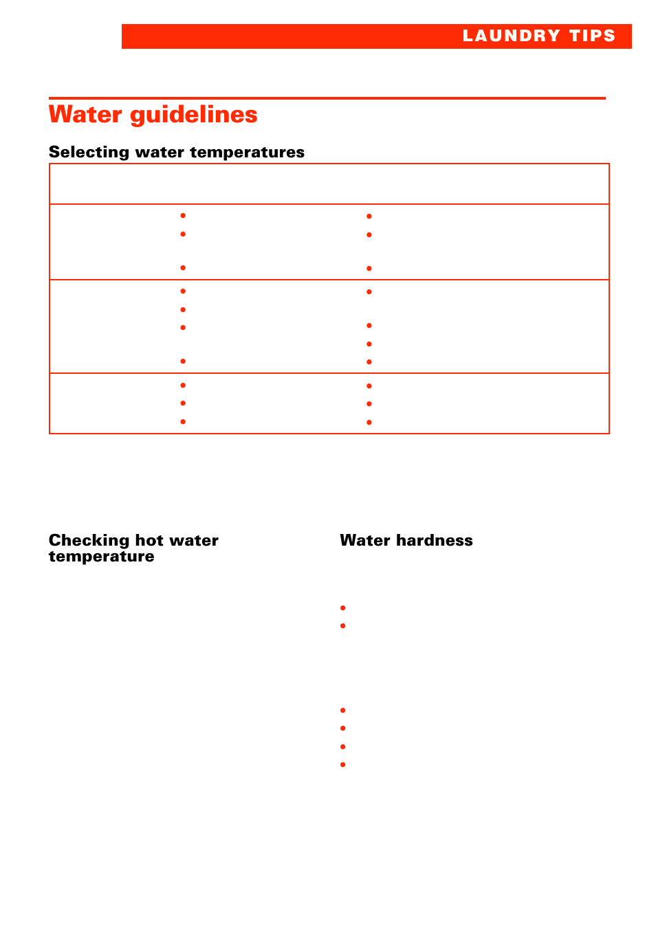 Water guidelines, Selecting water temperatures, Checking hot water temperature | Water hardness | Whirlpool 3363573 User Manual | Page 15 / 24