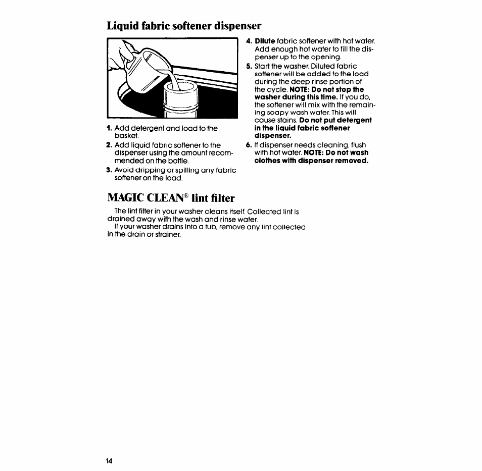 Liquid fabric softener dispenser, Magic clean® lint filter | Whirlpool LA77O0XS User Manual | Page 14 / 20