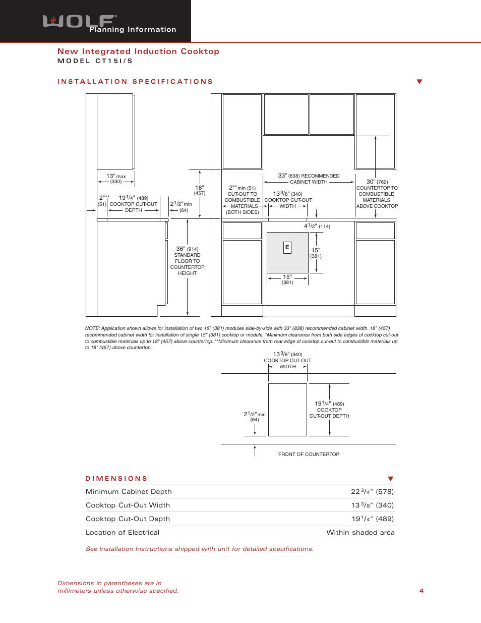 New integrated induction cooktop, Planning information | Wolf CT15I/S User Manual | Page 4 / 6