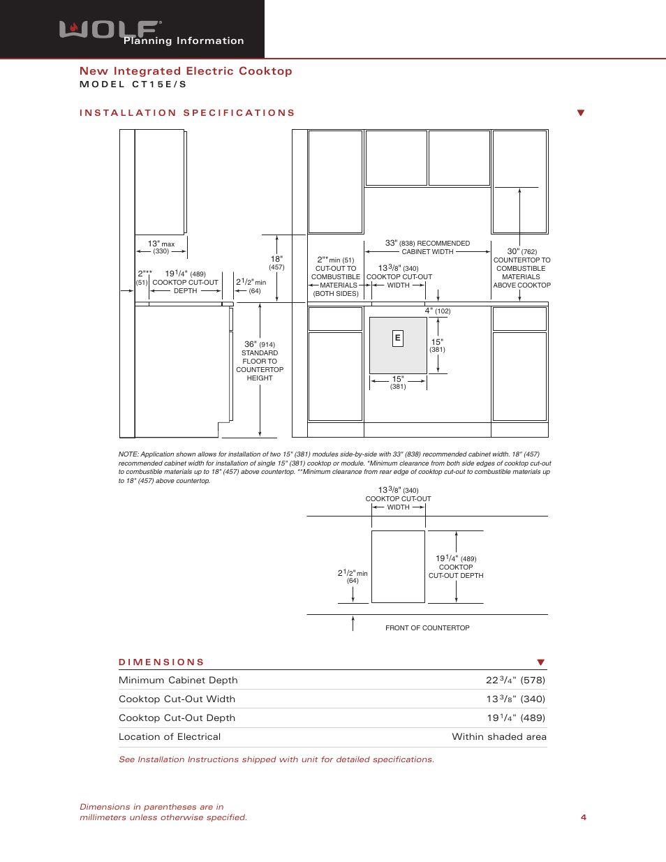 New integrated electric cooktop, Planning information | Wolf CT15E/S User Manual | Page 4 / 6