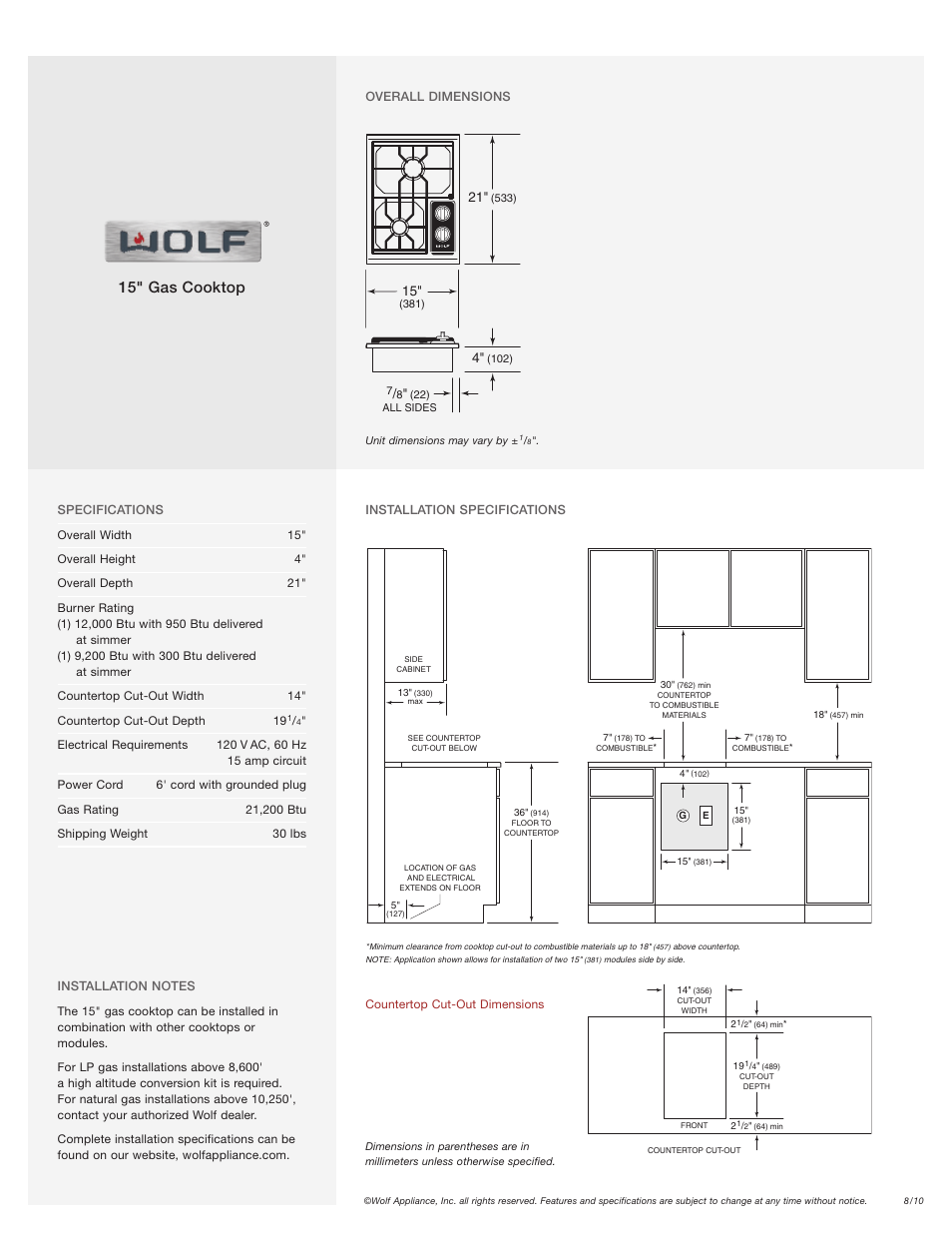 15" gas cooktop | Wolf CT15G/S User Manual | Page 2 / 2