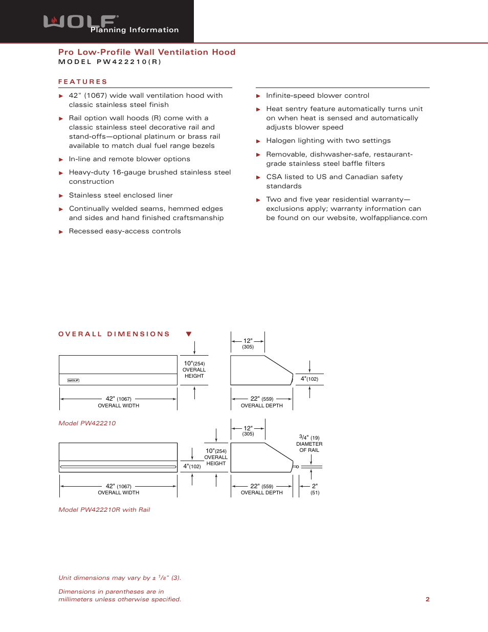 Pro low-profile wall ventilation hood | Wolf PW422210 (R) User Manual | Page 2 / 8