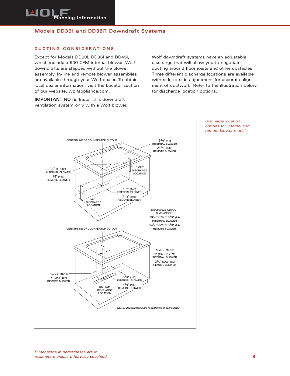 Models dd36 i and dd36 r downdraft systems, Planning information | Wolf DD36I User Manual | Page 6 / 9