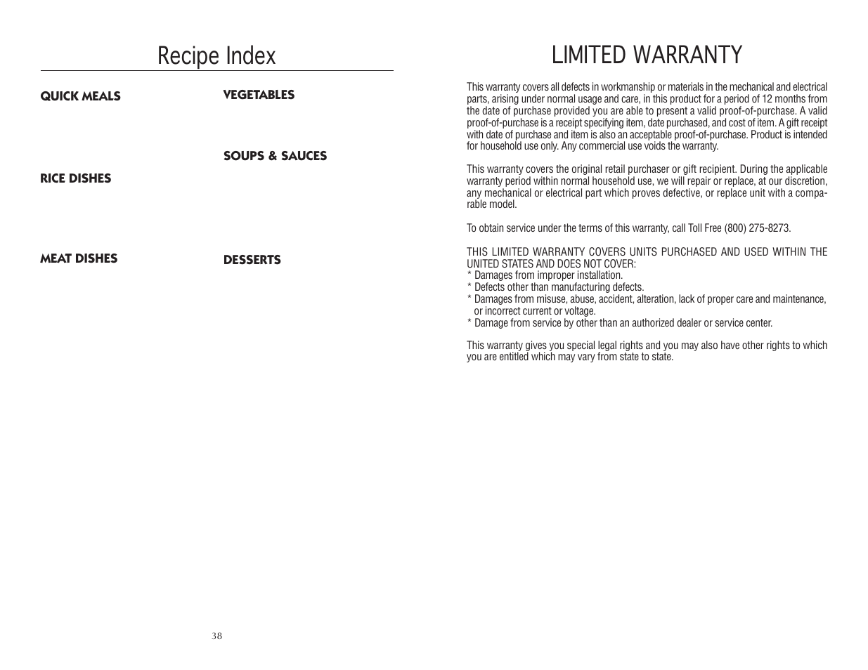 Limited warranty, Recipe index | Wolf BPCR0075 User Manual | Page 20 / 20
