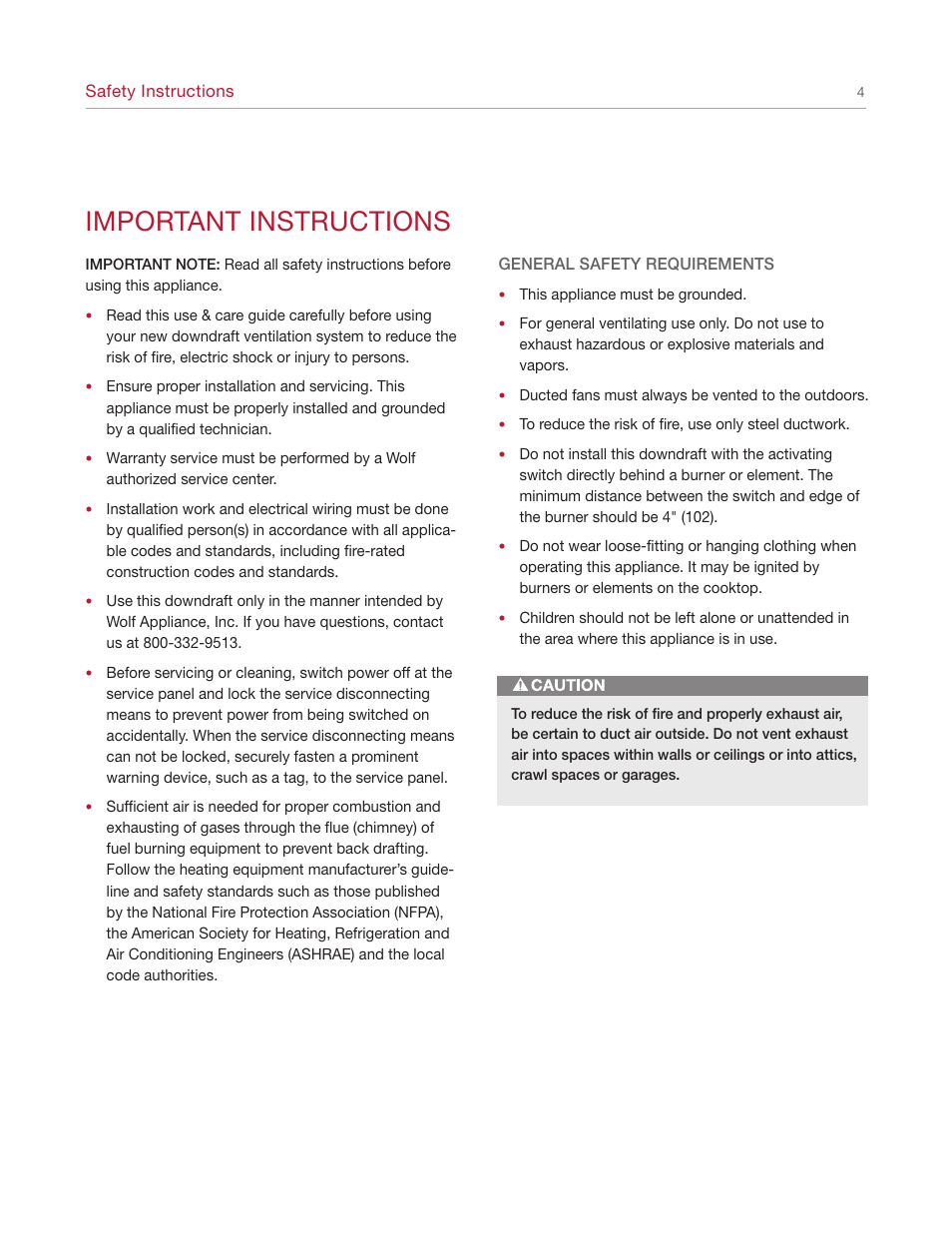 Important instructions | Wolf Downdraft Ventilation User Manual | Page 4 / 12