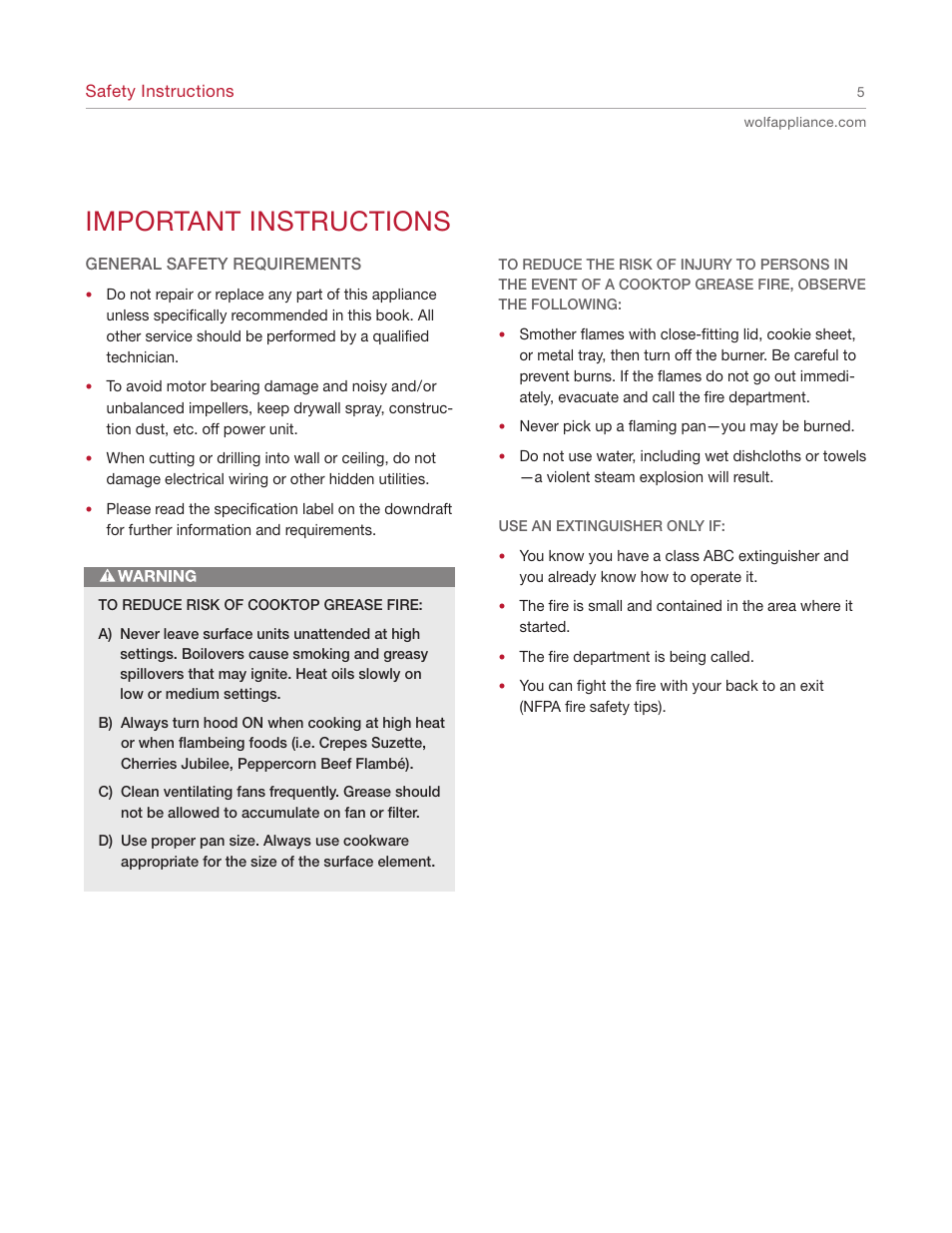 Important instructions | Wolf Downdraft Ventilation User Manual | Page 5 / 12