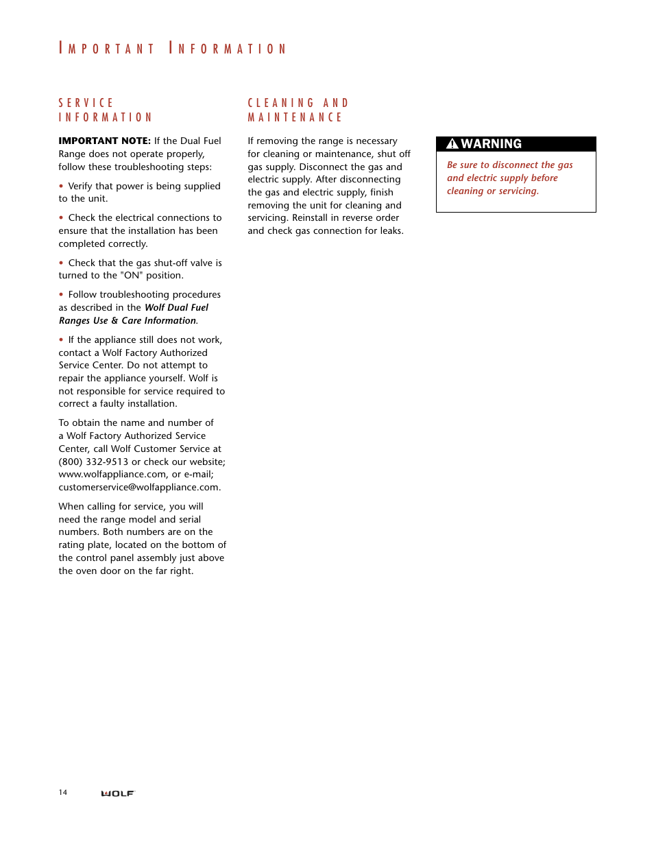 Warning | Wolf DUAL FUEL RANGES User Manual | Page 14 / 16
