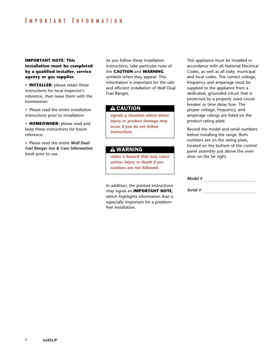 Caution, Warning | Wolf DUAL FUEL RANGES User Manual | Page 2 / 16