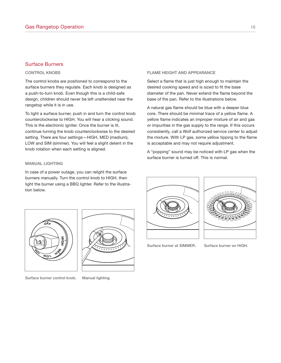 Gas rangetop operation, Surface burners | Wolf Range User Manual | Page 10 / 24