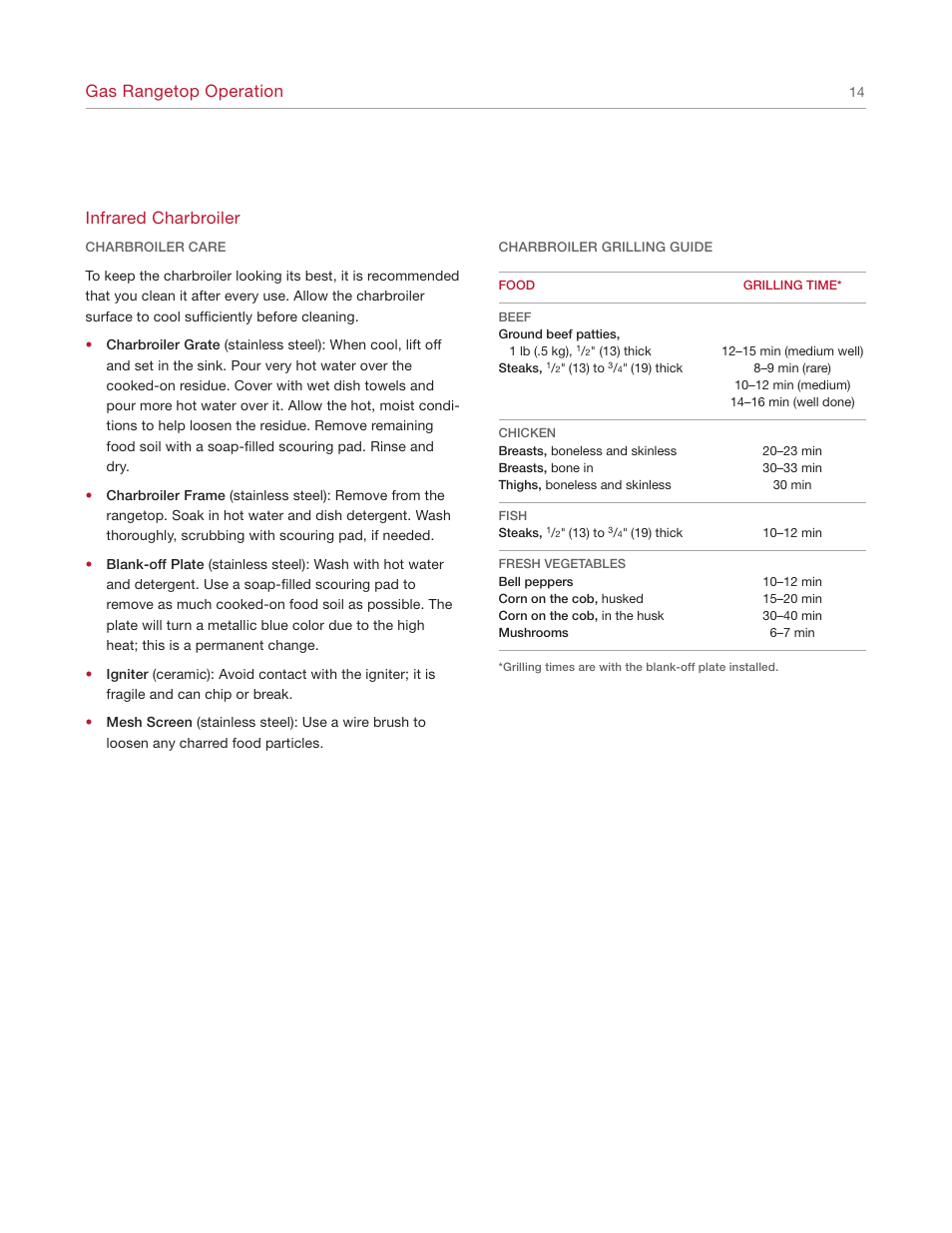 Gas rangetop operation, Infrared charbroiler | Wolf Range User Manual | Page 14 / 24