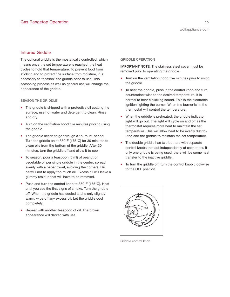 Gas rangetop operation, Infrared griddle | Wolf Range User Manual | Page 15 / 24