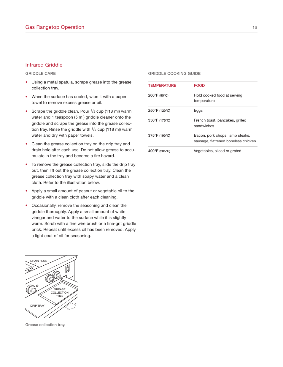 Gas rangetop operation, Infrared griddle | Wolf Range User Manual | Page 16 / 24