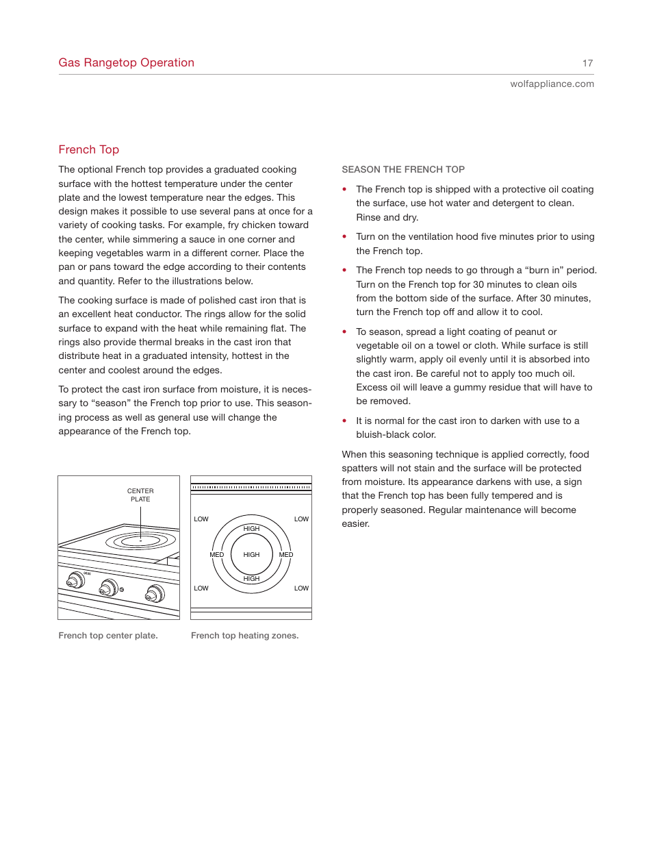 Gas rangetop operation, French top | Wolf Range User Manual | Page 17 / 24