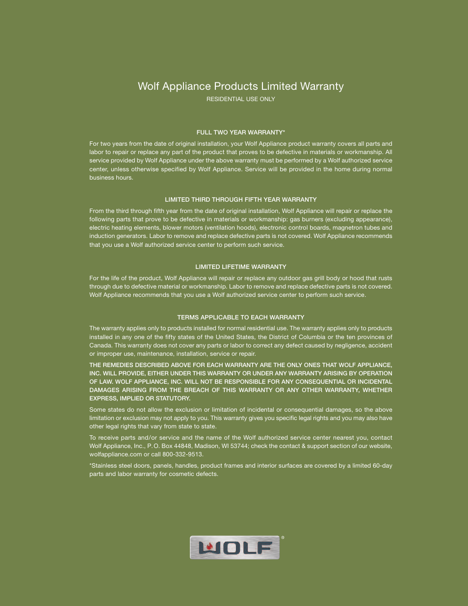 Wolf appliance products limited warranty | Wolf Range User Manual | Page 23 / 24