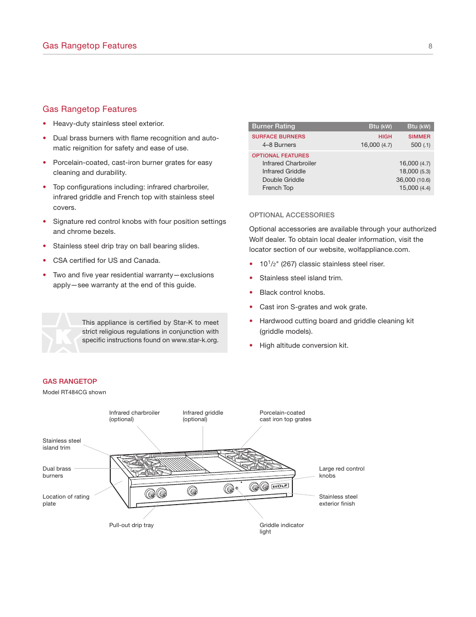 Gas rangetop features | Wolf Range User Manual | Page 8 / 24
