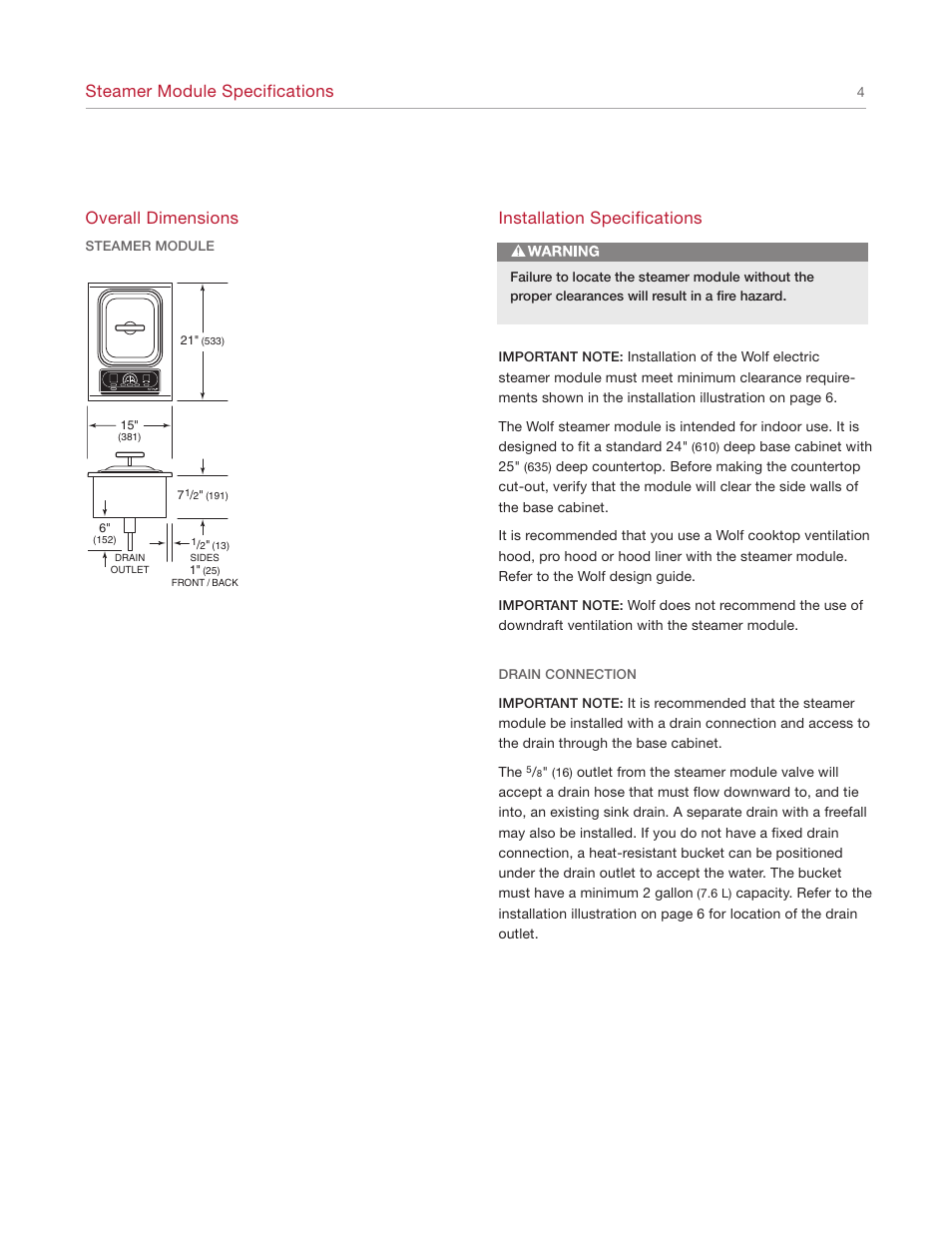 Steamer module specifications, Overall dimensions, Installation specifications | Wolf IS15/S User Manual | Page 4 / 12