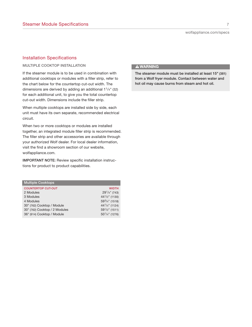 Steamer module specifications, Installation specifications | Wolf IS15/S User Manual | Page 7 / 12