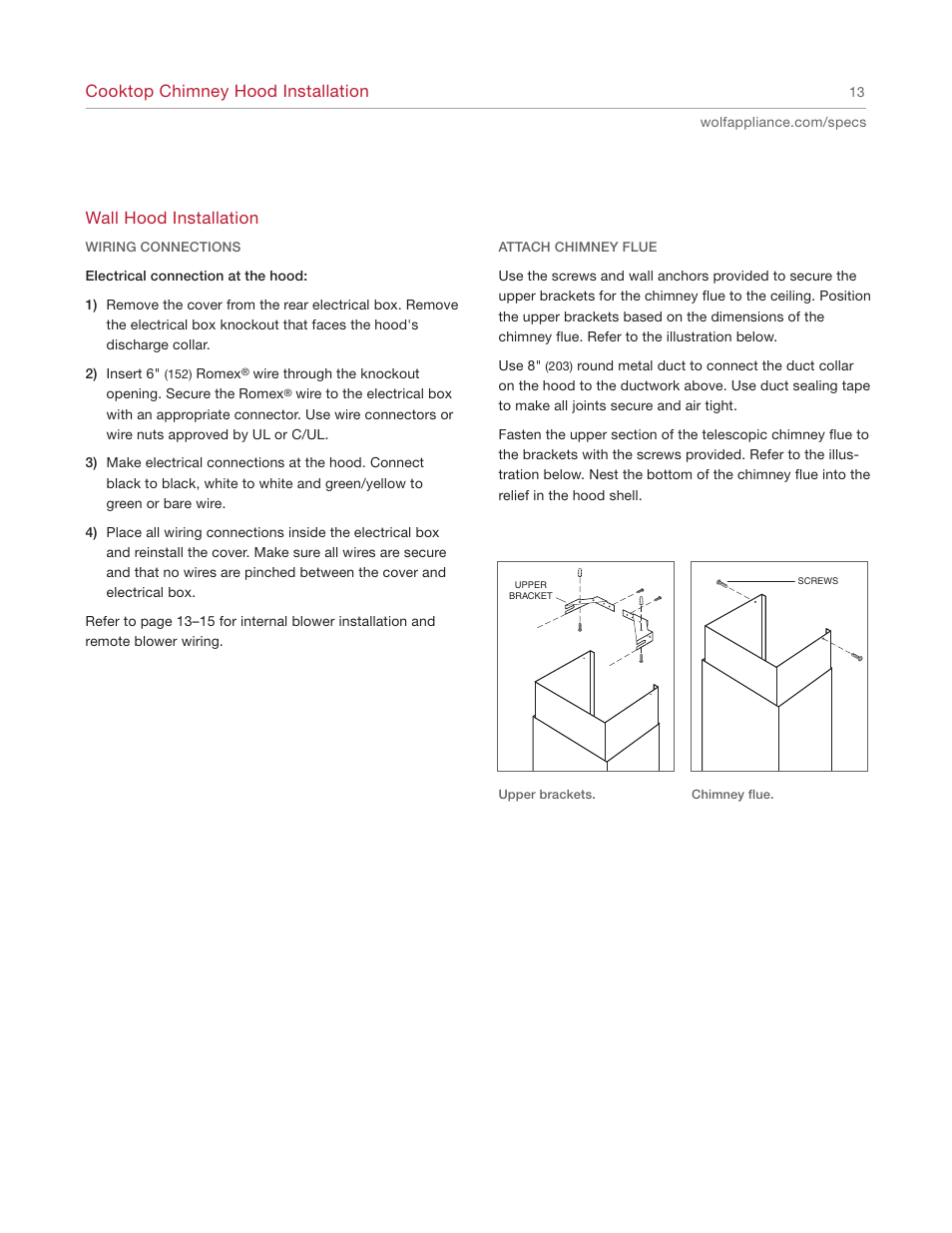 Cooktop chimney hood installation, Wall hood installation | Wolf Ventilation Hood User Manual | Page 13 / 20