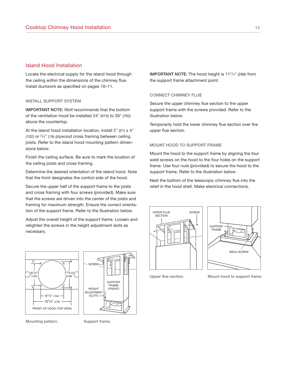 Cooktop chimney hood installation, Island hood installation | Wolf Ventilation Hood User Manual | Page 14 / 20
