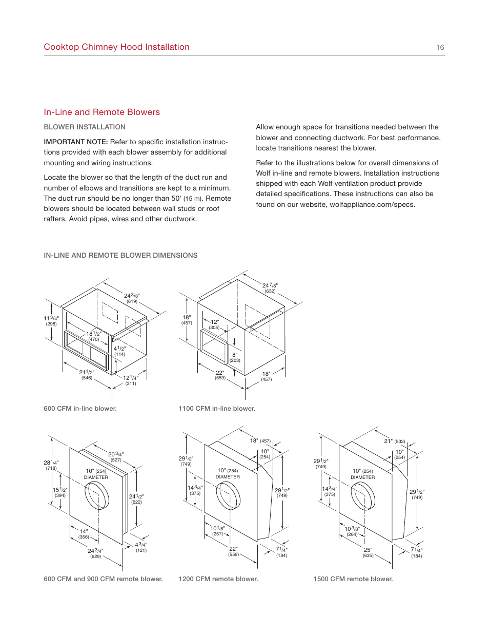 Cooktop chimney hood installation, In-line and remote blowers | Wolf Ventilation Hood User Manual | Page 16 / 20