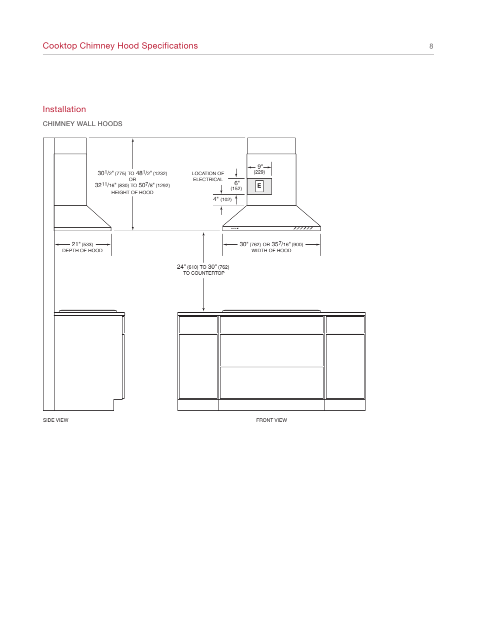 Cooktop chimney hood specifications, Installation | Wolf Ventilation Hood User Manual | Page 8 / 20