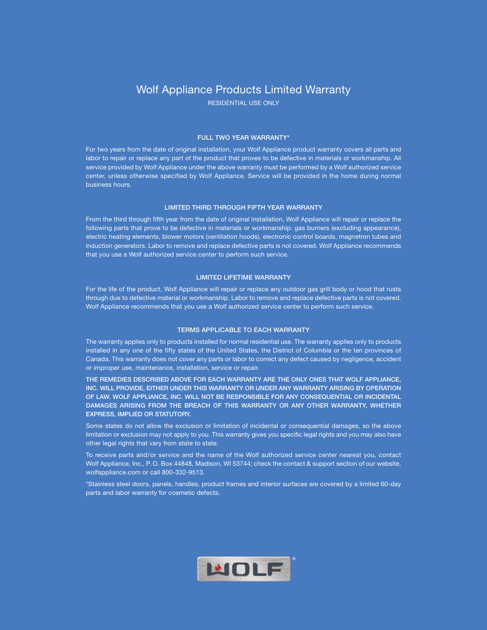 Wolf appliance products limited warranty | Wolf CTEWH45 User Manual | Page 15 / 16