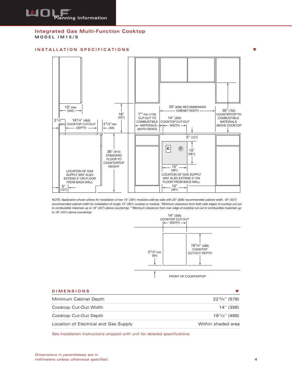 Integrated gas multi-function cooktop, Planning information | Wolf IM15/S User Manual | Page 4 / 6