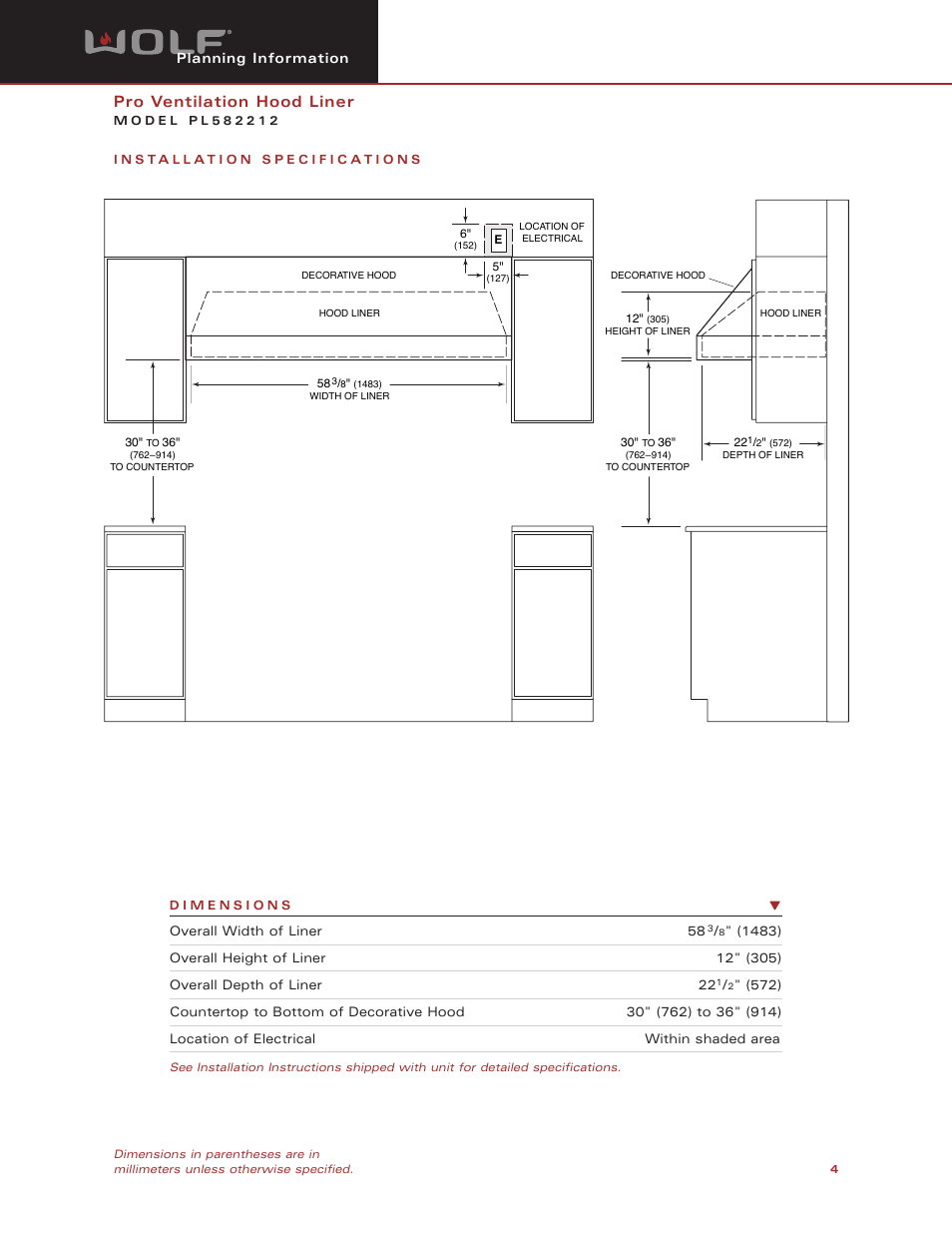 Pro ventilation hood liner | Wolf PL582212 User Manual | Page 4 / 8