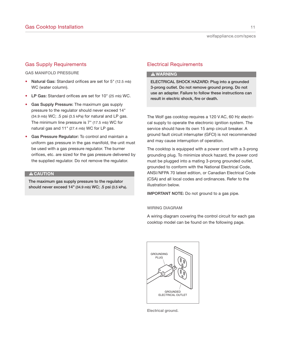 Gas cooktop installation, Gas supply requirements, Electrical requirements | Wolf REV-A 5/2010 814990 User Manual | Page 11 / 16