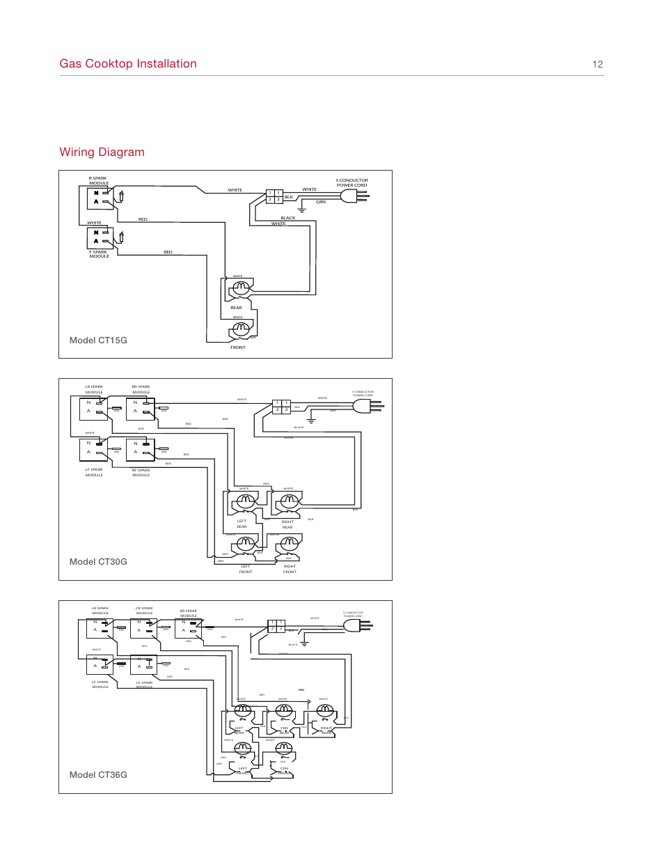 Gas cooktop installation, Wiring diagram, Model ct15g | Model ct30g model ct36g | Wolf REV-A 5/2010 814990 User Manual | Page 12 / 16