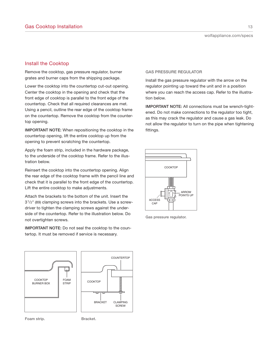 Gas cooktop installation, Install the cooktop | Wolf REV-A 5/2010 814990 User Manual | Page 13 / 16