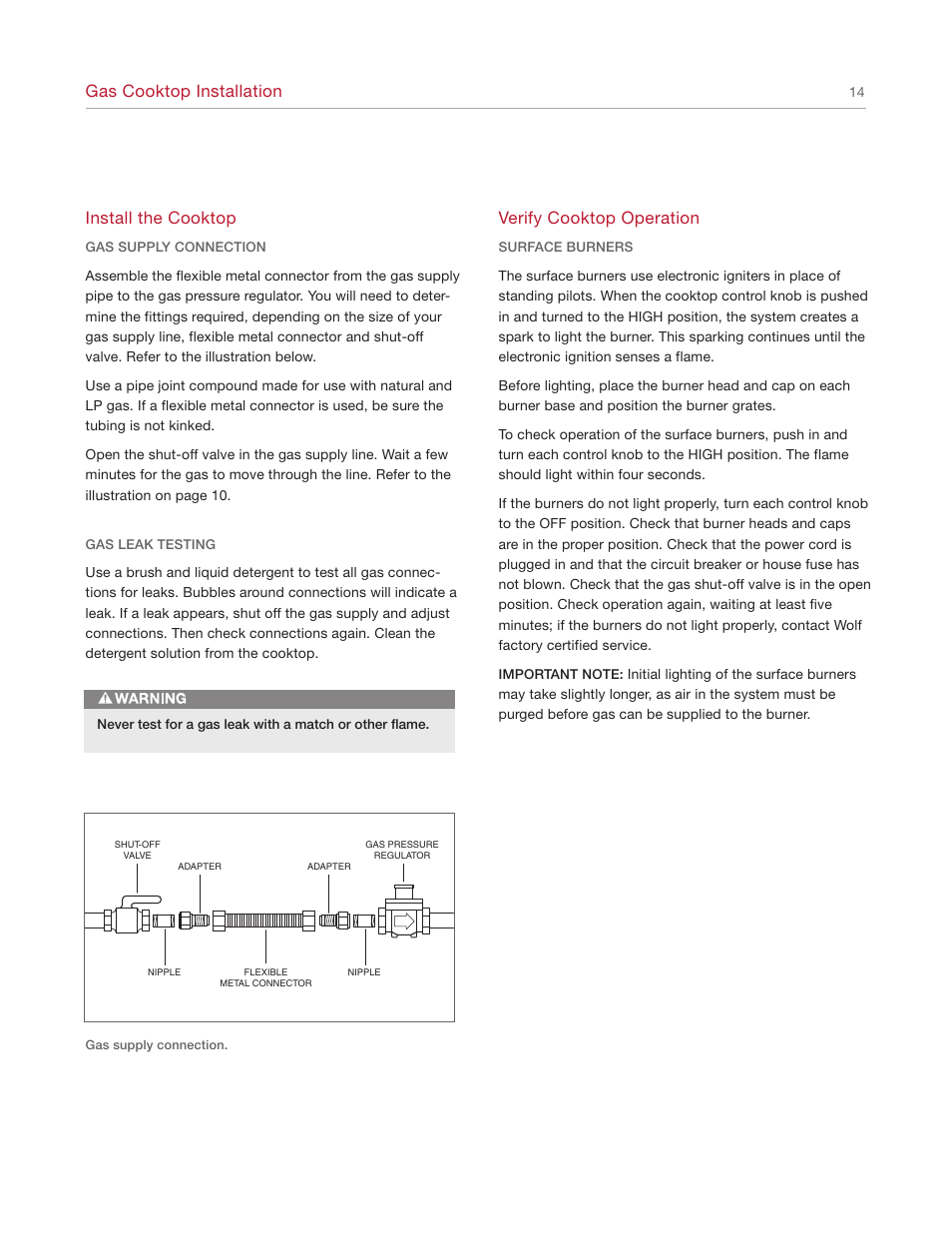 Install the cooktop, Verify cooktop operation, Gas cooktop installation | Wolf REV-A 5/2010 814990 User Manual | Page 14 / 16