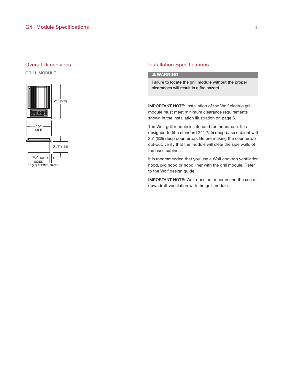 Grill module specifications, Overall dimensions, Installation specifications | Wolf IG15/S User Manual | Page 4 / 12