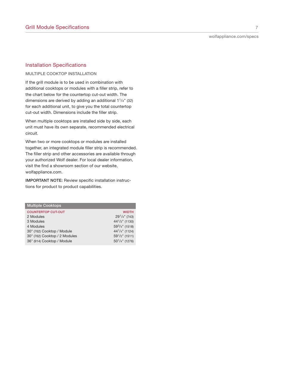 Grill module specifications, Installation specifications | Wolf IG15/S User Manual | Page 7 / 12