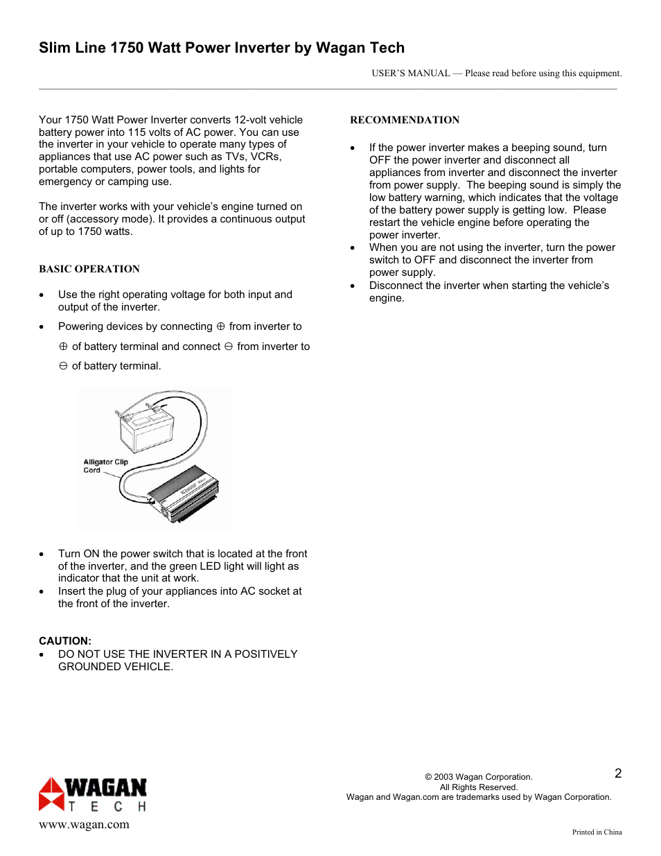 Slim line 1750 watt power inverter by wagan tech | Wagan Inverter User Manual | Page 2 / 6