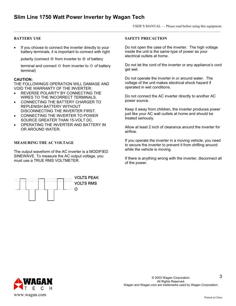 Slim line 1750 watt power inverter by wagan tech | Wagan Inverter User Manual | Page 3 / 6