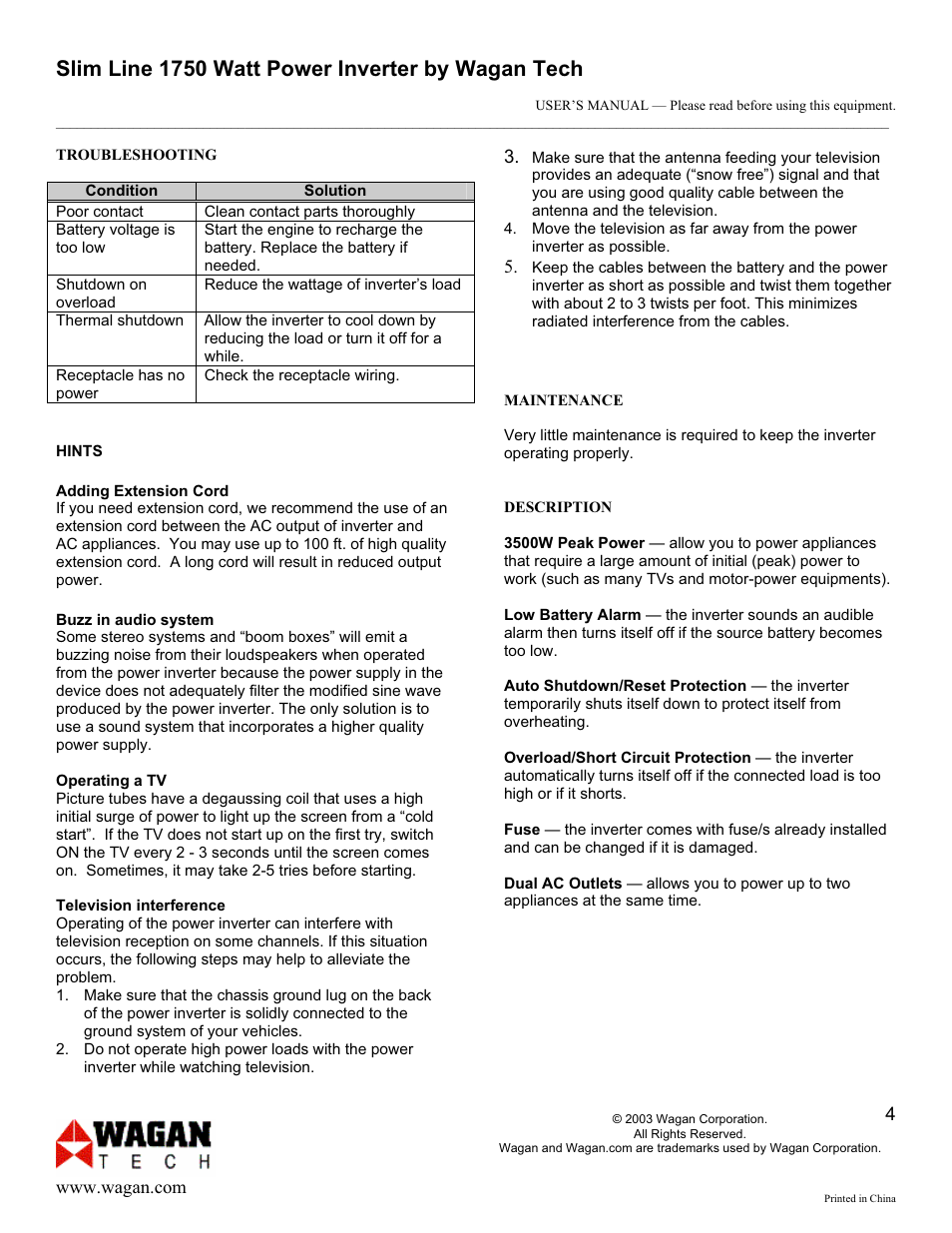 Slim line 1750 watt power inverter by wagan tech | Wagan Inverter User Manual | Page 4 / 6