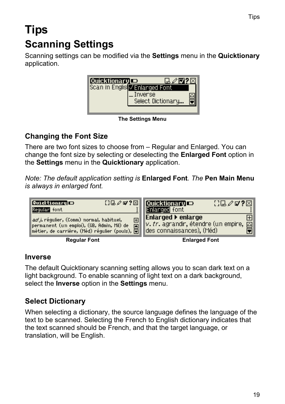 Tips, Scanning settings | Wizcom Quicktionary 3 Lite User Manual | Page 19 / 21