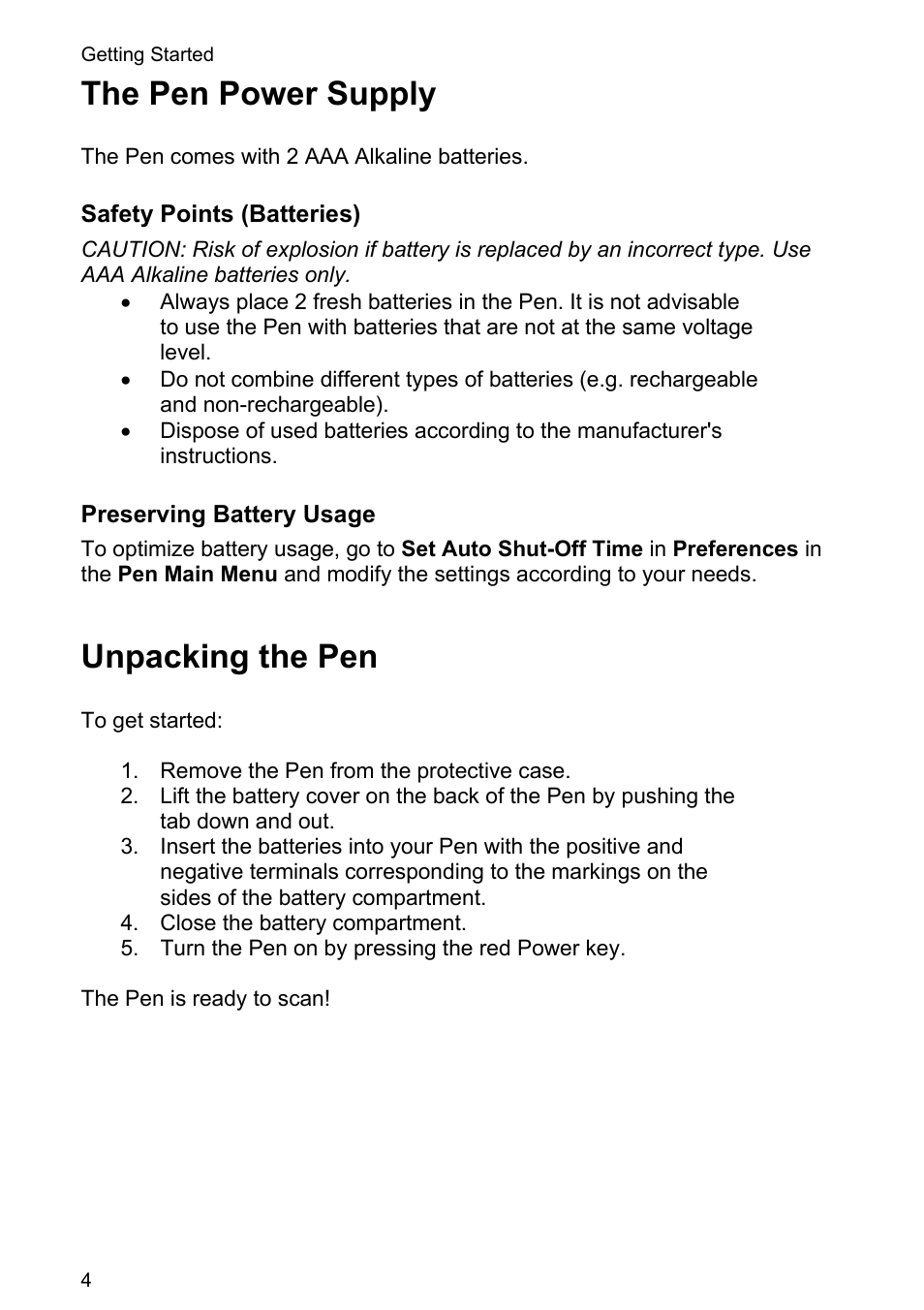 The pen power supply, Unpacking the pen | Wizcom Quicktionary 3 Lite User Manual | Page 4 / 21