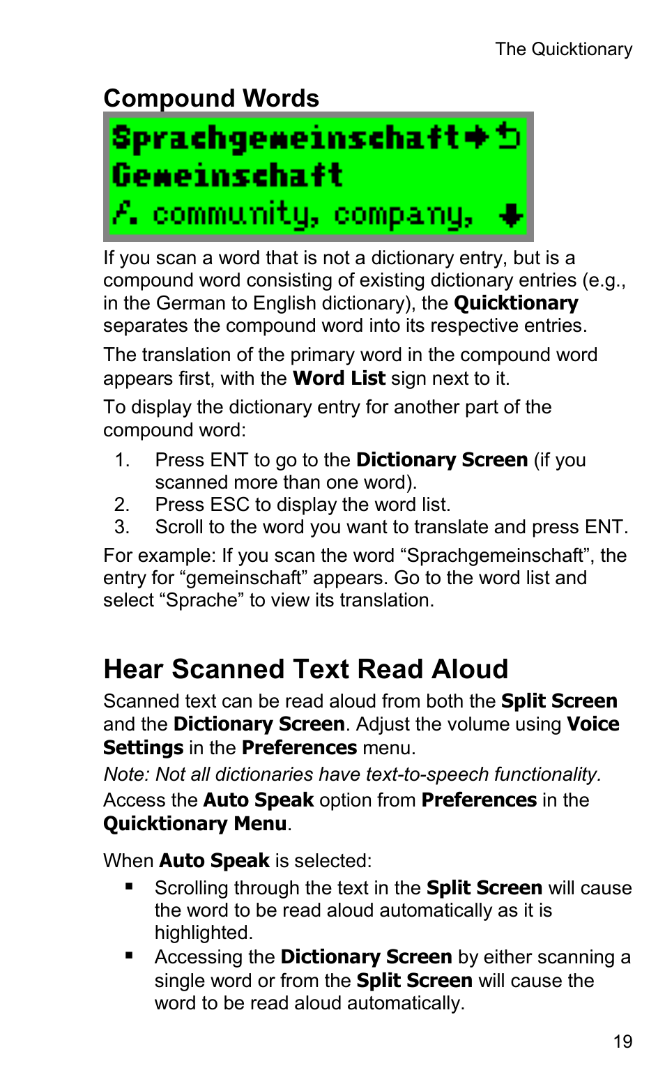 Hear scanned text read aloud, Compound words | Wizcom Quicktionary 2 User Manual | Page 19 / 25