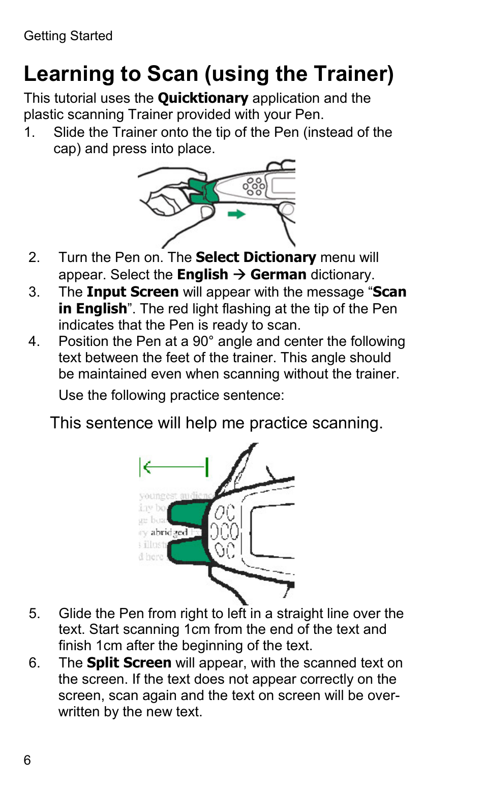 Learning to scan (using the trainer) | Wizcom Quicktionary 2 User Manual | Page 6 / 25