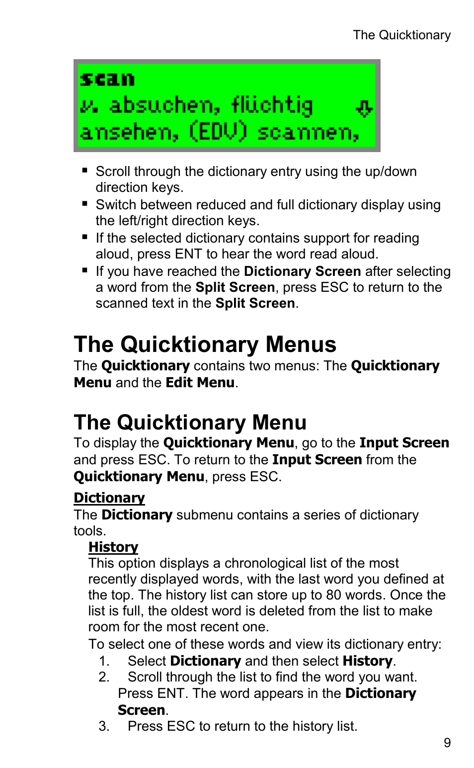 The quicktionary menus, The quicktionary menu | Wizcom Quicktionary 2 User Manual | Page 9 / 25