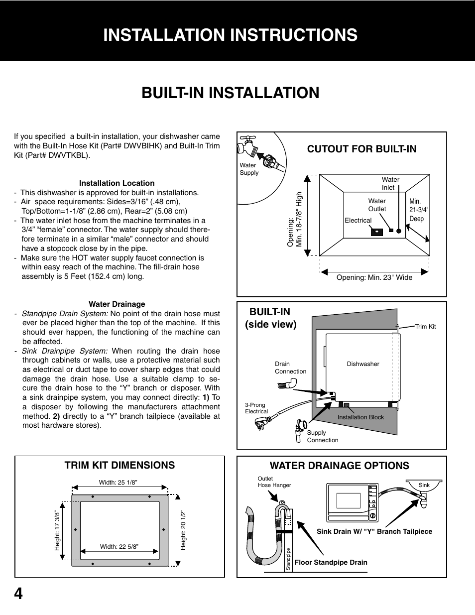Installation instructions, Built-in installation, Water drainage options | Built-in (side view), Cutout for built-in, Trim kit dimensions | Westland Sales DWV303B User Manual | Page 6 / 14