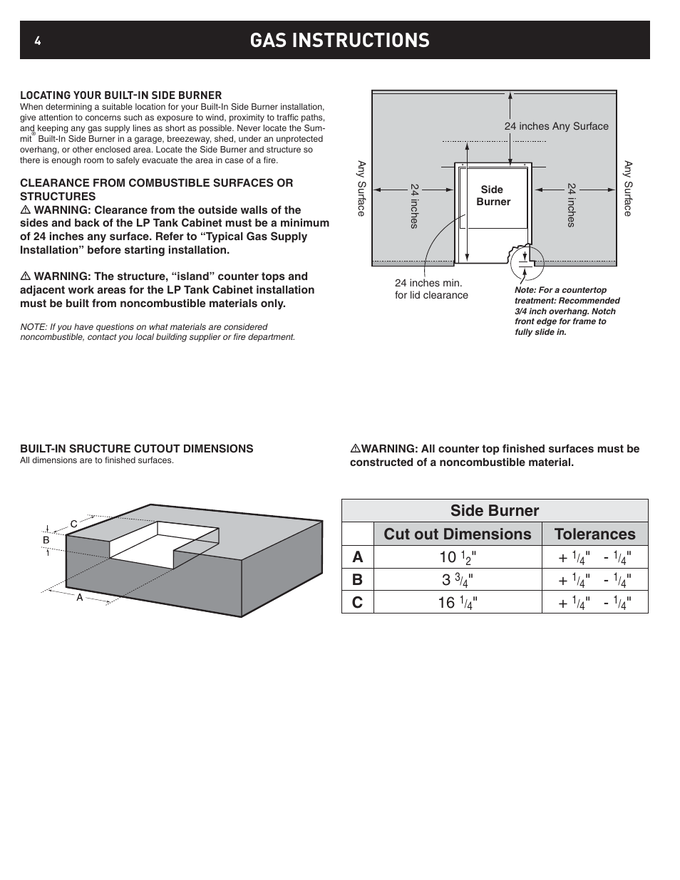 Gas instructions, Side burner cut out dimensions tolerances a 10, C 16 | weber 42376 User Manual | Page 4 / 16