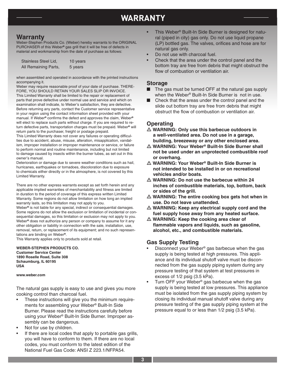 Warranty, Storage, Operating | Gas supply testing | weber 42377 User Manual | Page 3 / 10