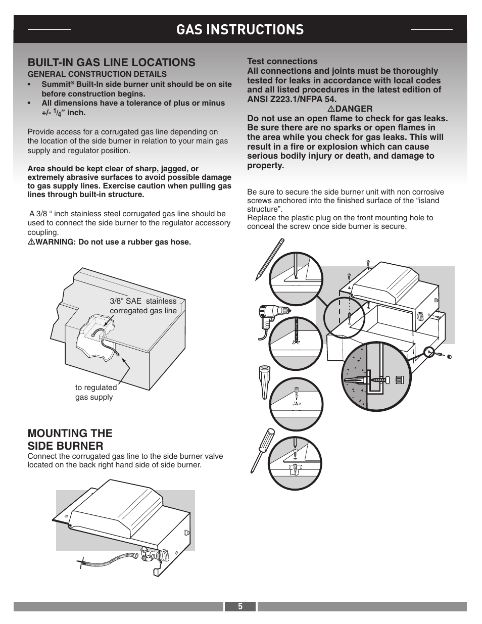 Gas instructions, Mounting the side burner, Built-in gas line locations | weber 42377 User Manual | Page 5 / 10
