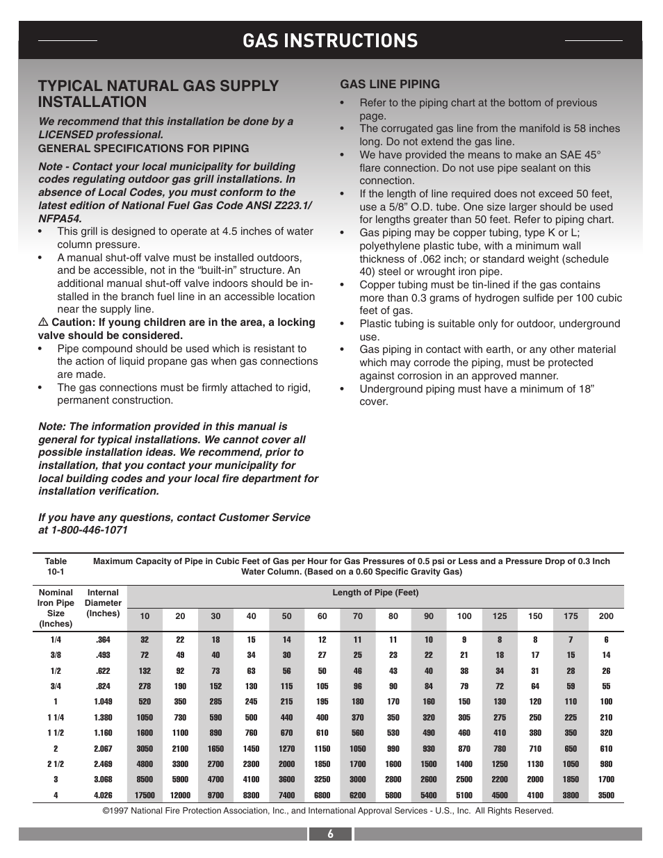 Gas instructions, Typical natural gas supply installation, Gas line piping | weber 42377 User Manual | Page 6 / 10